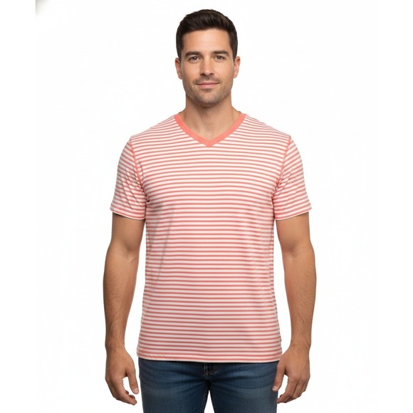 Lululemon Athletica Men's Striped V Neck T Shirt Size L Coral White Cotton Blend - Picture 1 of 4